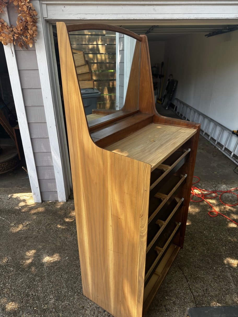 1960s Dillingham Esprit dresser stripped to raw wood for restoration in Dallas.